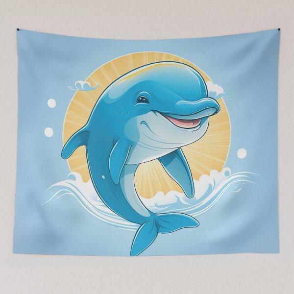 Item preview, Happy Cartoon Dolphin – Cute Ocean Animal Art with Sunshine and Waves designed and sold by PaintbrushPlace.