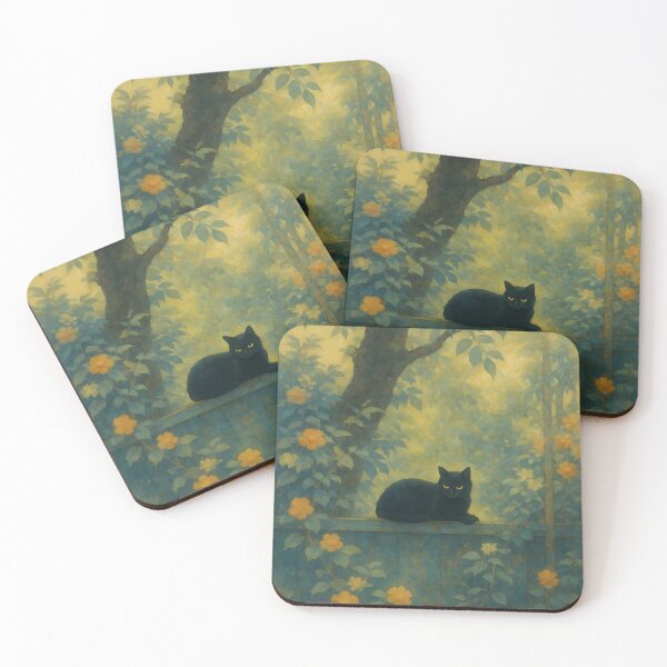Item preview, Black Cat in Enchanted Garden – Dreamy Floral Twilight designed and sold by ChubbyGoong.