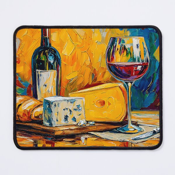 Item preview, Red Wine and Rustic Charm - Colorful Still Life with Bread, Cheese, and Bold Artistic Flair designed and sold by OlfactoART Studio.