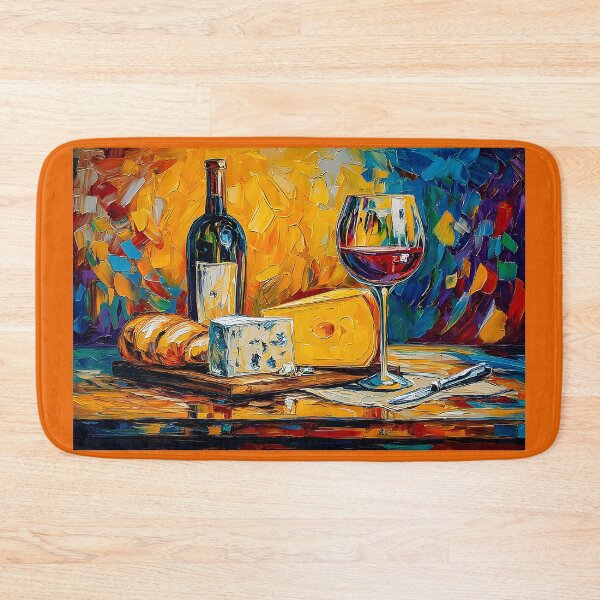 Item preview, Red Wine and Rustic Charm - Colorful Still Life with Bread, Cheese, and Bold Artistic Flair designed and sold by OlfactoART Studio.