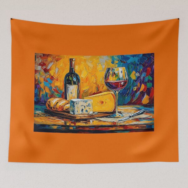 Item preview, Red Wine and Rustic Charm - Colorful Still Life with Bread, Cheese, and Bold Artistic Flair designed and sold by OlfactoART Studio.