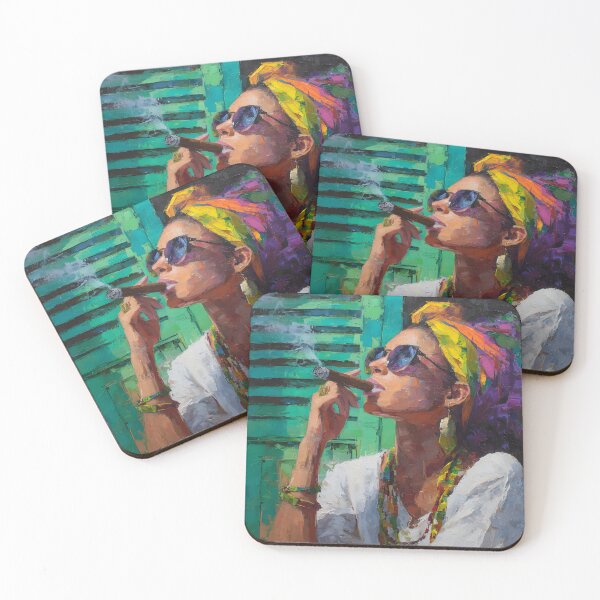Item preview, Embrace Cuban Cool - Woman in Vibrant Headscarf and Sunglasses Smoking Cigar with Relaxed Style designed and sold by OlfactoART Studio.