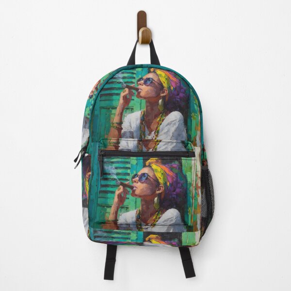 Item preview, Embrace Cuban Cool - Woman in Vibrant Headscarf and Sunglasses Smoking Cigar with Relaxed Style designed and sold by OlfactoART Studio.