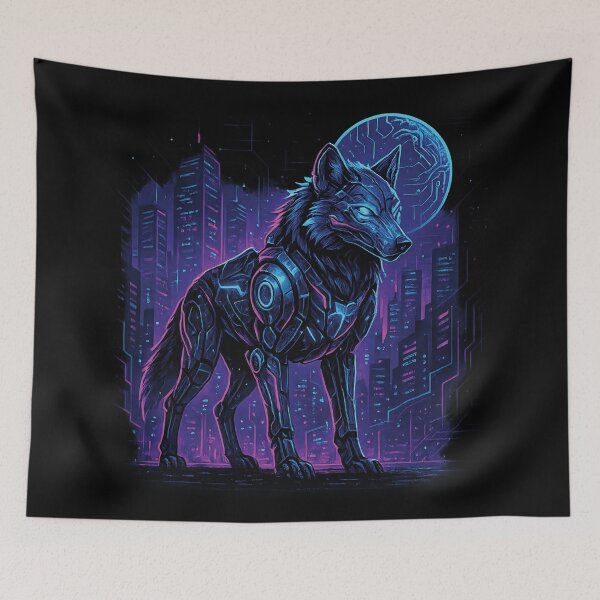 Item preview, Cyberpunk Wolf in Futuristic Neon City designed and sold by Romeo Fashion.