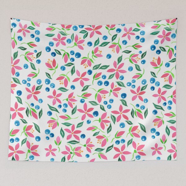 Item preview, Watercolor Blue Berries Pink Flowers And Green Leaves  designed and sold by Irina Sztukowski.