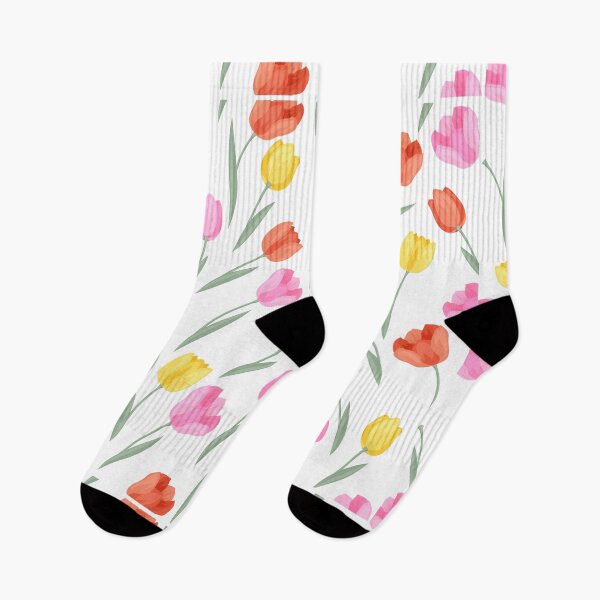 Aperçu de l'œuvre Motif de tulipes et de plantes mignon et joli en rose, rouge, orange, jaune, vert et blanc - Parfait pour la vie quotidienne, design minimaliste et épuré créée et vendue par erkabees.