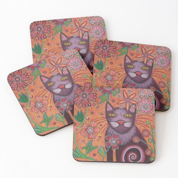 Item preview, Kitty Cat in contemporary Floral design garden acrylic painting  designed and sold by Suzanne Thomson.