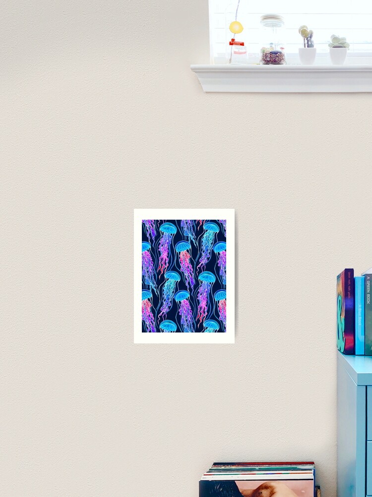 Thumbnail 2 of 3, Art Print, Luminescent Rainbow Jellyfish on Navy Blue designed and sold by micklyn.