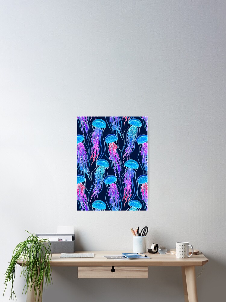 Thumbnail 2 of 3, Poster, Luminescent Rainbow Jellyfish on Navy Blue designed and sold by micklyn.