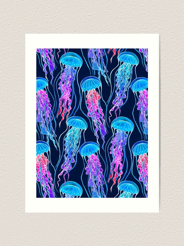 Thumbnail 1 of 3, Art Print, Luminescent Rainbow Jellyfish on Navy Blue designed and sold by micklyn.