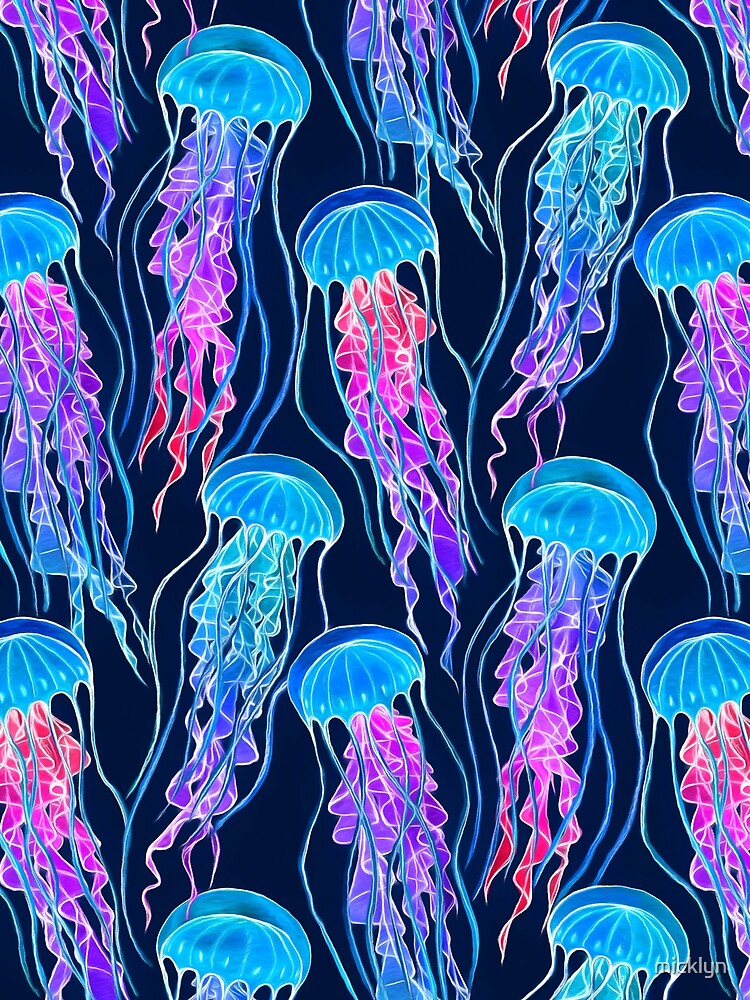 Thumbnail 3 of 3, Art Print, Luminescent Rainbow Jellyfish on Navy Blue designed and sold by micklyn.