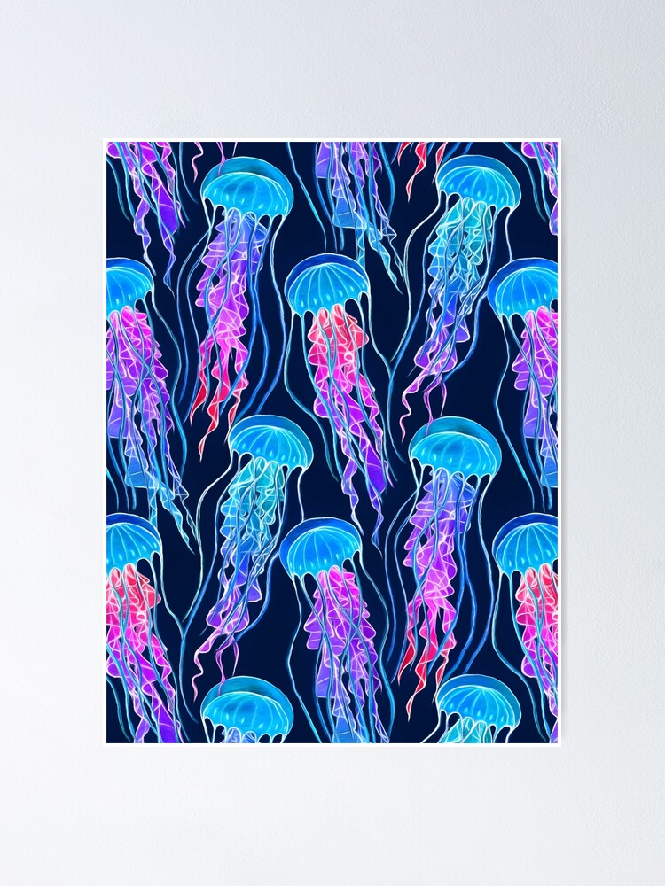 Thumbnail 1 of 3, Poster, Luminescent Rainbow Jellyfish on Navy Blue designed and sold by micklyn.