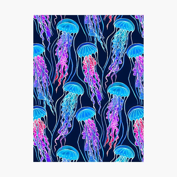 Item preview, Méduse arc-en-ciel luminescente sur fond bleu marine designed and sold by micklyn.