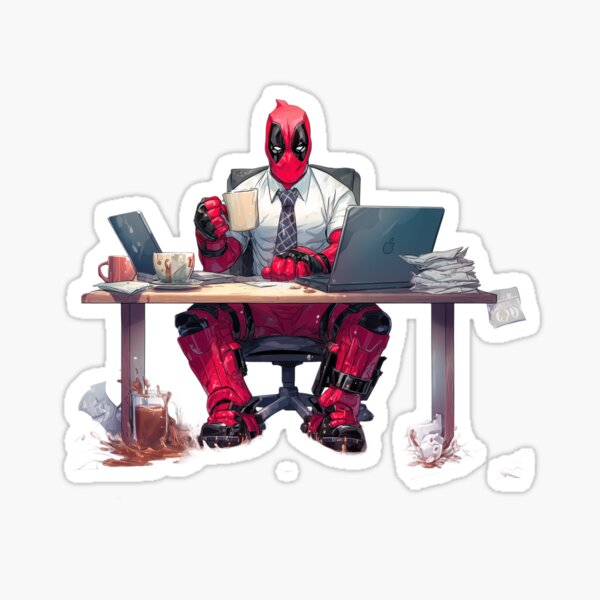 Aperçu de l'œuvre Deadpool au Bureau – Café, Chaos et Cravates créée et vendue par LoomisDreams.