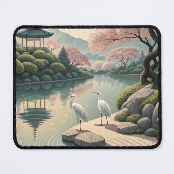 Item preview, Japanese Zen Garden with Cranes and Pagoda - Traditional Temple Lake Landscape designed and sold by alfmar.