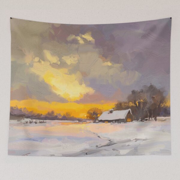 Item preview, Hut in winter sunset landscape painting designed and sold by Mikko Tyllinen.