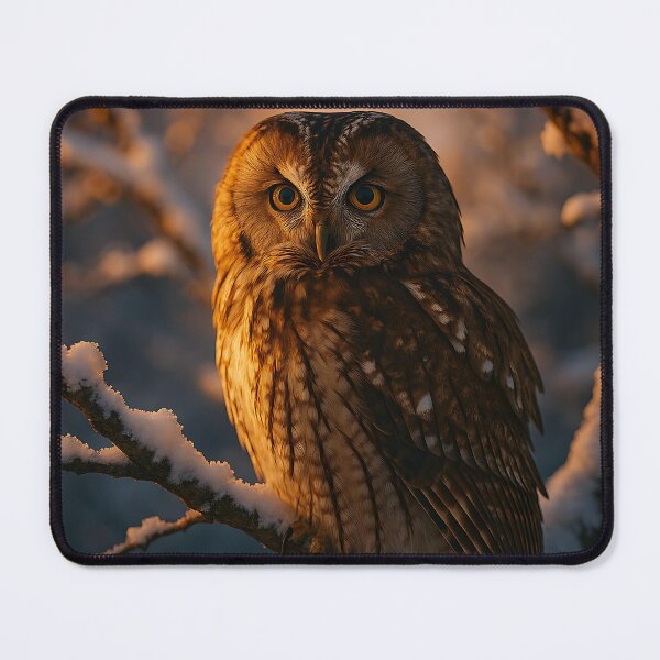 Item preview, Tawny owl in the evening light – photorealistic owl on a snow branch designed and sold by rolfzogg ART.
