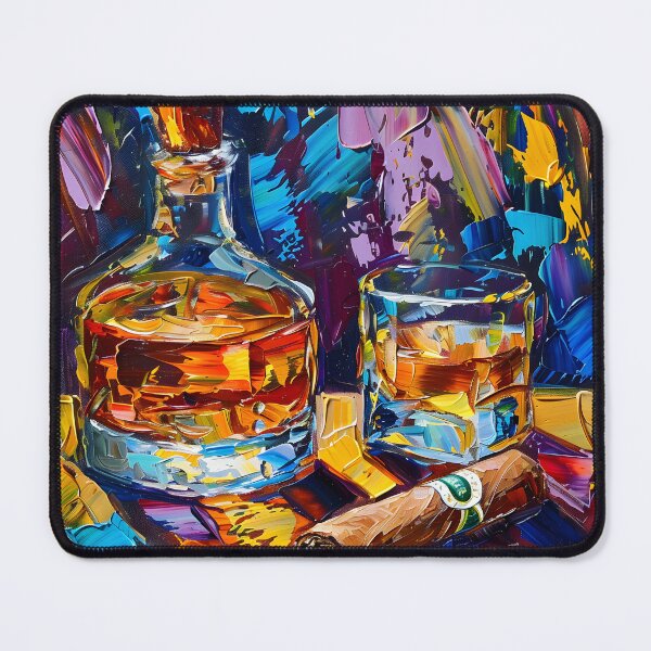 Item preview, Celebrate Rich Indulgence - Whiskey Bottle, Amber Glass, and Cigar Amid Vibrant Purple and Yellow designed and sold by OlfactoART Studio.