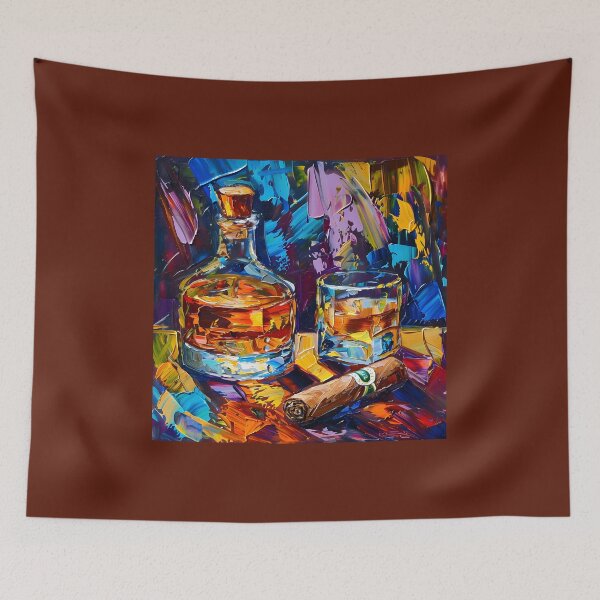 Item preview, Celebrate Rich Indulgence - Whiskey Bottle, Amber Glass, and Cigar Amid Vibrant Purple and Yellow designed and sold by OlfactoART Studio.
