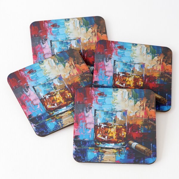 Item preview, Raise a Glass to Bold Flavor - Whiskey on Ice with Cigar Set Against Vibrant Abstract Energy designed and sold by OlfactoART Studio.