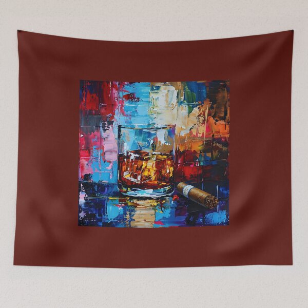Item preview, Raise a Glass to Bold Flavor - Whiskey on Ice with Cigar Set Against Vibrant Abstract Energy designed and sold by OlfactoART Studio.