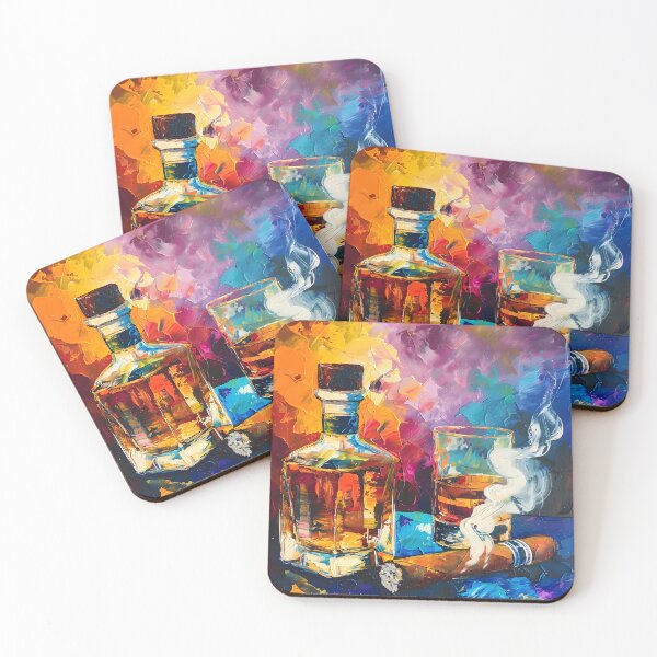 Item preview, Ignite the Night with Bold Flavor - Whiskey Bottle, Amber Glass, and Smoking Cigar in Vibrant Motion designed and sold by OlfactoART Studio.