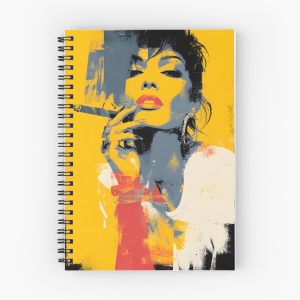Aperçu de l'œuvre Célébrez l'élégance féroce - Une femme au maquillage audacieux et un cigare sur fond d'orange et de bleu vibrants créée et vendue par OlfactoART Studio.