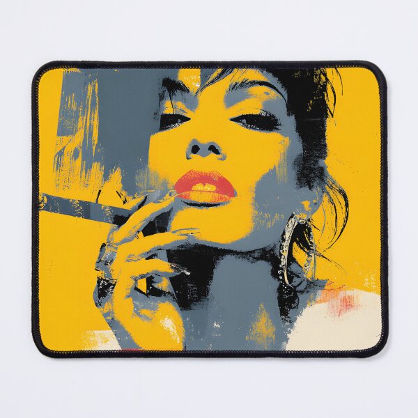 Item preview, Celebrate Fierce Elegance - Woman with Bold Makeup and Cigar Set Against Vibrant Orange and Blue designed and sold by OlfactoART Studio.