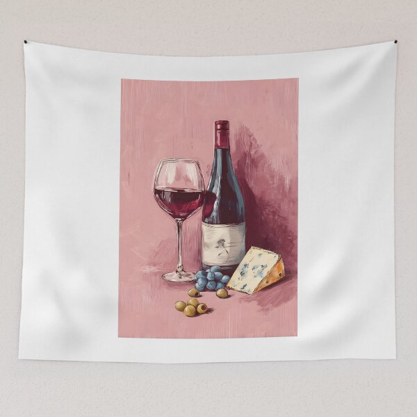 Item preview, Indulge in Refined Flavor - Red Wine, Blue Cheese, Grapes, and Olives on a Warm Pink Canvas designed and sold by OlfactoART Studio.