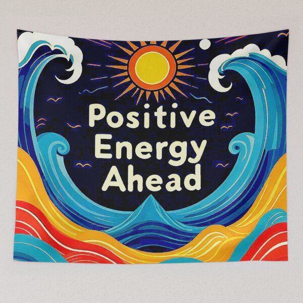 Item preview, Motivational with large phrase "POSITIVE ENERGY AHEAD" between waves and the sun. designed and sold by Giulivo Store Graphic.