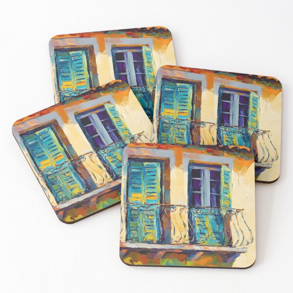 Item preview, Capture Rustic Sunshine - Charming Balcony with Blue Shutters Bathed in Warm Light and Shadows designed and sold by OlfactoART Studio.