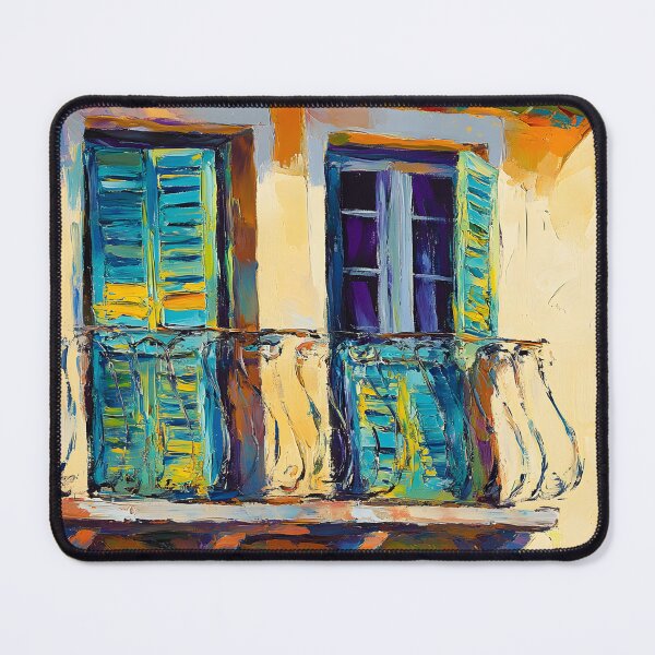 Item preview, Capture Rustic Sunshine - Charming Balcony with Blue Shutters Bathed in Warm Light and Shadows designed and sold by OlfactoART Studio.