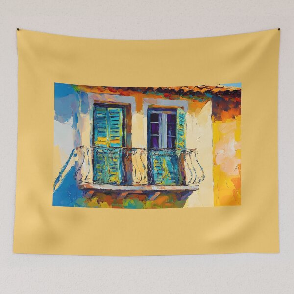 Item preview, Capture Rustic Sunshine - Charming Balcony with Blue Shutters Bathed in Warm Light and Shadows designed and sold by OlfactoART Studio.