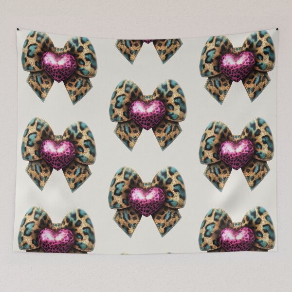 Item preview, Cheetah Print Bow with Pink Heart Jewel – Blue & Brown Animal Pattern designed and sold by EmeraldeaArt.