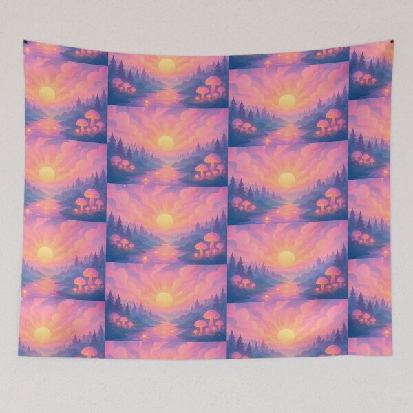 Item preview, Dreamy Sunset Landscape: Vibrant Pink Purple Mushrooms designed and sold by Alan Javier Cordoba Espinosa.