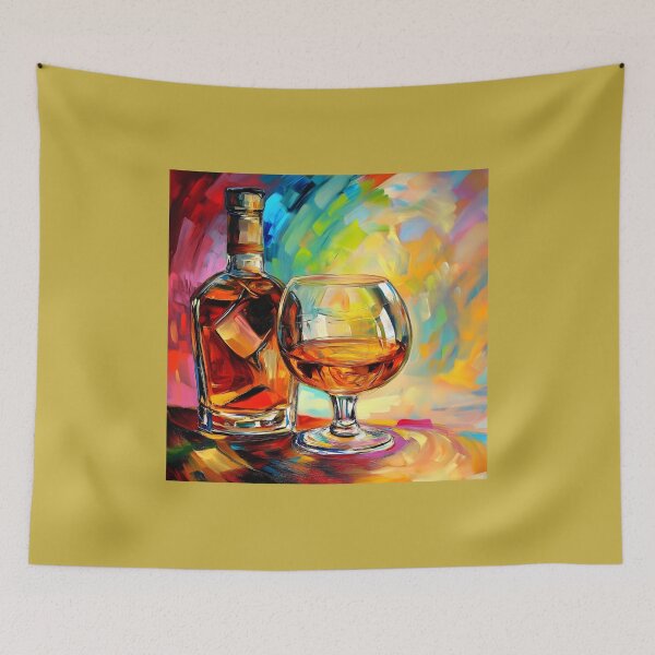 Item preview, Celebrate Sophisticated Enjoyment - Bottle and Glass of Brandy Amid Swirling Vibrant Hues designed and sold by OlfactoART Studio.