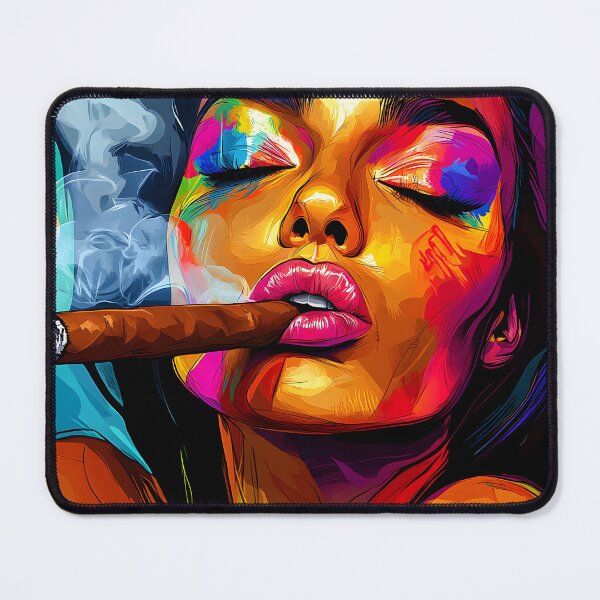 Item preview, A Woman Sensual Calm - Vibrant Femme Fatale in Red Lipstick Smoking Cigar in Bold Multicolor Expression designed and sold by OlfactoART Studio.