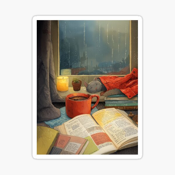 Item preview, Rainy Day Watercolor Print – Cozy Window Wall Art, Nostalgic Childhood Poster, Cat and Cocoa Scene for Bedroom or Reading Nook designed and sold by LastOneArtOff.