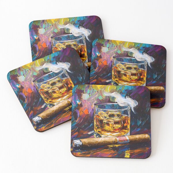 Item preview, Savor the Moment in Vivid Color - Whiskey on Ice with Lit Cigar and Spiraling Smoke in Bold Brushstrokes designed and sold by OlfactoART Studio.