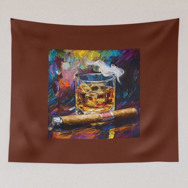 Item preview, Savor the Moment in Vivid Color - Whiskey on Ice with Lit Cigar and Spiraling Smoke in Bold Brushstrokes designed and sold by OlfactoART Studio.