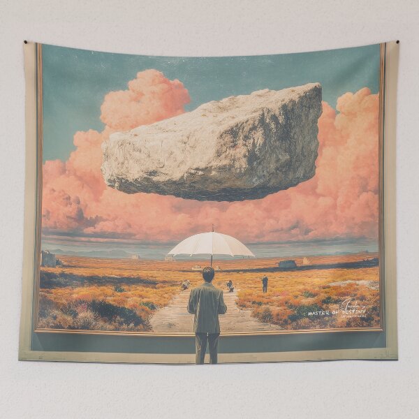 Item preview, Master of Destiny – Surreal Minimalist Art Print | Floating Rock & Umbrella Figure Illustration designed and sold by artHAPPEAK.