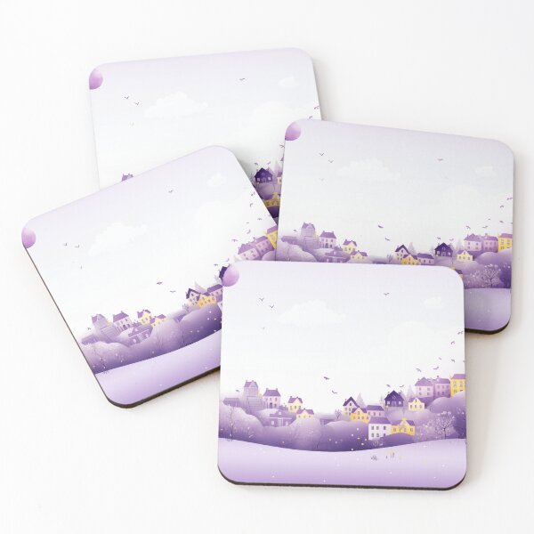 Item preview, Whimsical Lavender illustration of homes and balloons floating above designed and sold by Roxane Bay.