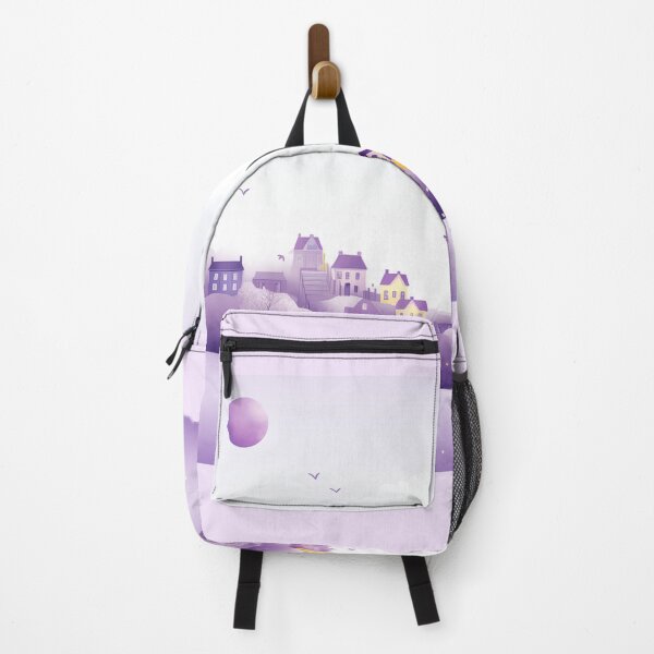 Item preview, Whimsical Lavender illustration of homes and balloons floating above designed and sold by Roxane Bay.