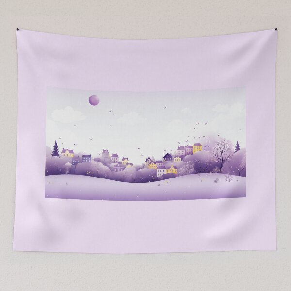 Item preview, Whimsical Lavender illustration of homes and balloons floating above designed and sold by Roxane Bay.
