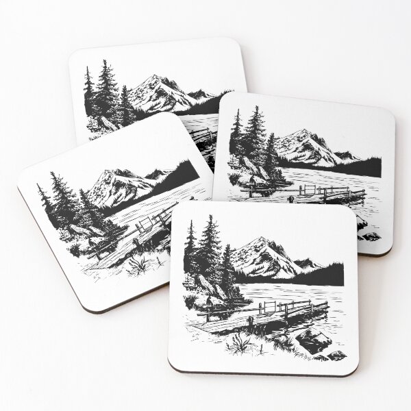 Item preview, Vintage Mountain Lake Landscape | Black and White Nature Drawing designed and sold by inkoutninja.