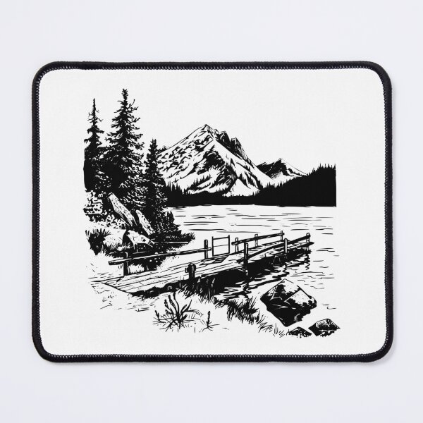 Item preview, Vintage Mountain Lake Landscape | Black and White Nature Drawing designed and sold by inkoutninja.