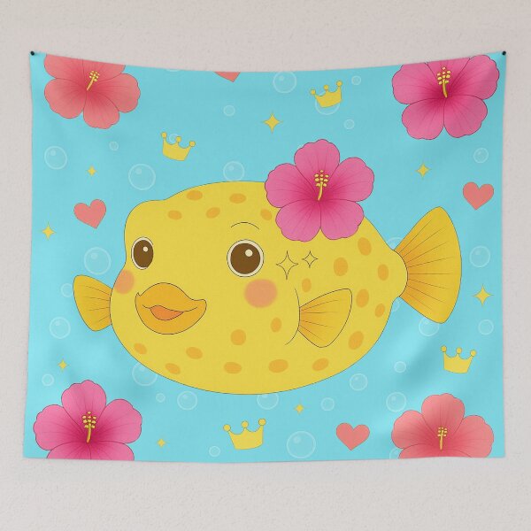 Item preview, Yellow Boxfish and Hibiscus - Blue designed and sold by HIMEKARI.