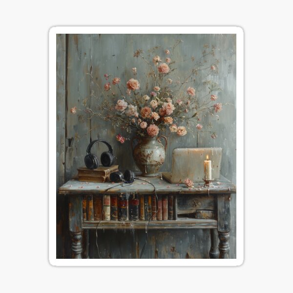 Item preview, Vintage Desk with Flowers and Headphones designed and sold by AITuneSphere.