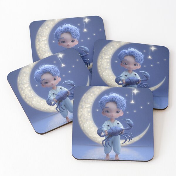 Item preview, Dreamy Cancer Zodiac Chibi Boy | Blue Crab & Crescent Moon Art designed and sold by GoldenChiArt.
