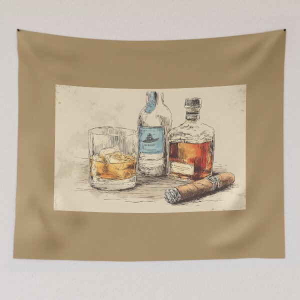 Item preview, Experience Timeless Relaxation - Whiskey Glass, Dual Bottles, and Cigar in a Vintage Setting designed and sold by OlfactoART Studio.